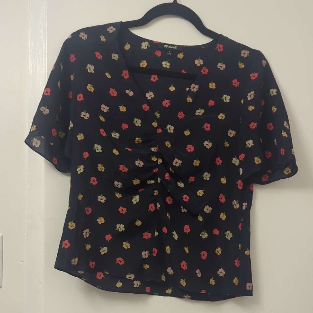 Madewell Navy Floral Silk Blouse Size 2